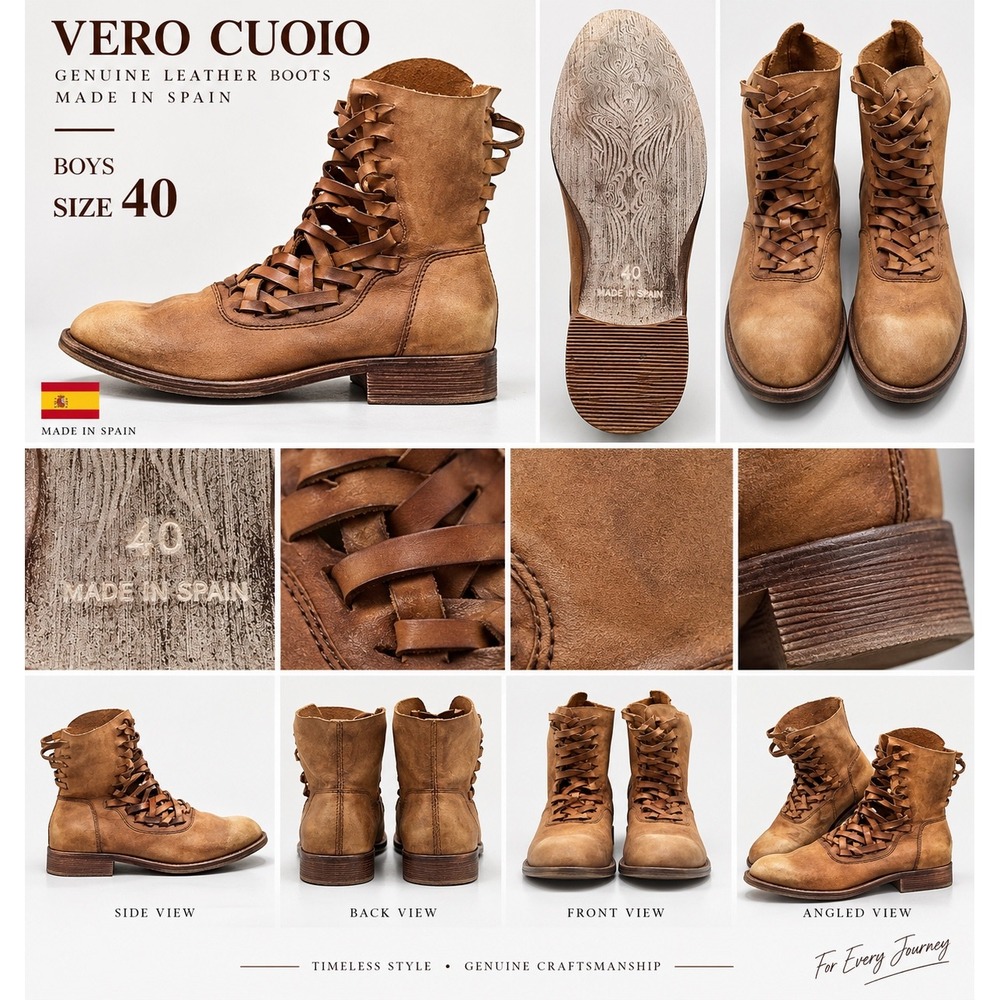 Vero Cuoio Woven Leather Ankle Boots Tan Made in Spain Size 40 Round Toe Heel